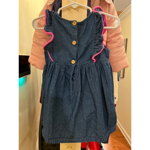 Girls Denim Sleeveless Ruffle Dress with Pink Trim - Picture 2 of 6